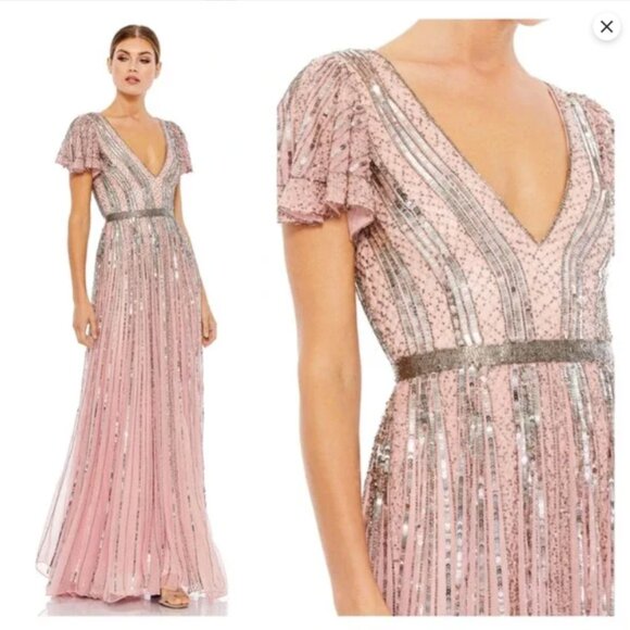 MAC DUGGAL 70108 SEQUIN STRIPE V-NECK ROSE GOWN sz  10 - Picture 1 of 4